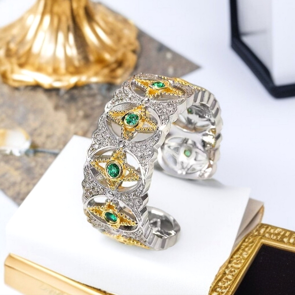 Luxury 2 Tone Gold Silver Chunky Filigree Emerald Crystal Ring